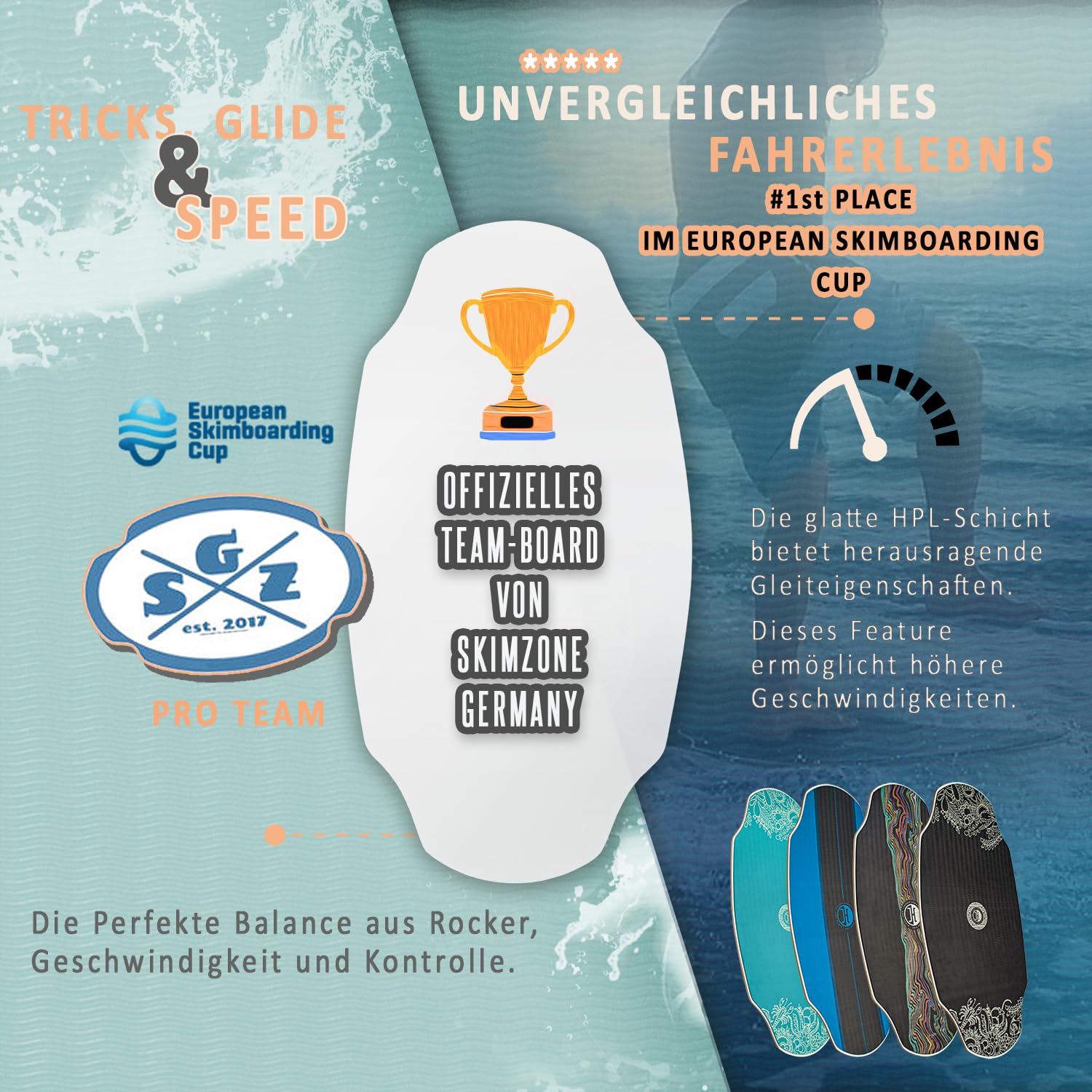 JUCKER HAWAII Skimboard – Profi Skimboard mit HPL-Beschichtung, Anti-Rutsch Oberfläche, Ultra schnell, extrem robust und langlebig, bis 115 kg belastbar – für Einsteiger bis Profi