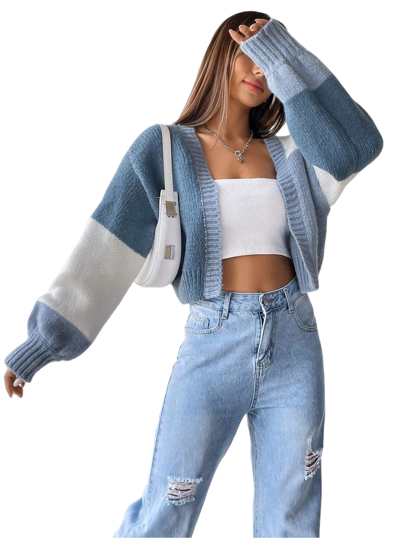 SISKIN Fall Cropped Cardigan Sweaters for Women Lightweight Color Block Oversized Cardigan Sweater