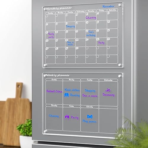 Miniatura 8 de Calendario mensual y semanal magnético acrílico para refrigerador, juego de 2 calendarios transparentes de borrado en seco para refrigerador