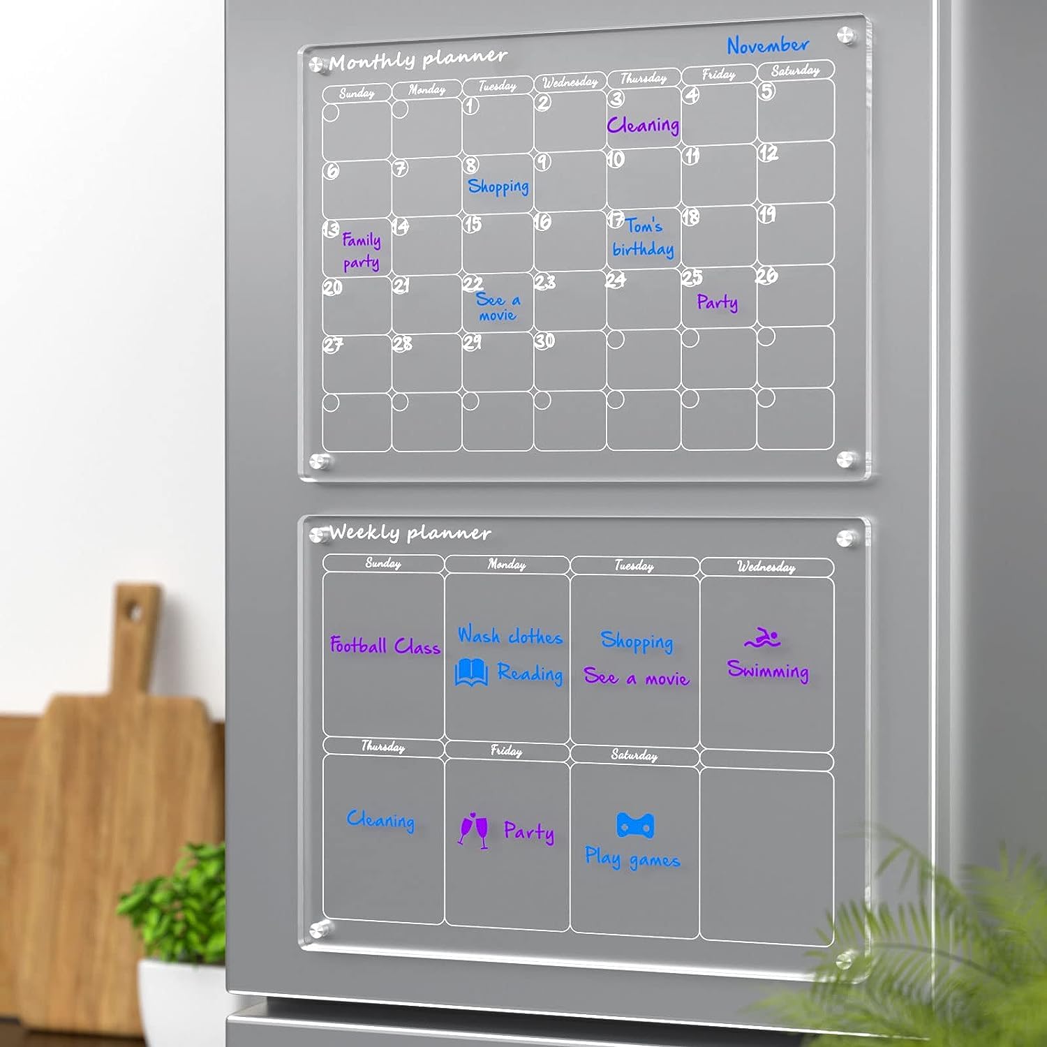 Calendario Mensual Magnético Borrable para Refrigerador, Acrílico Transparente