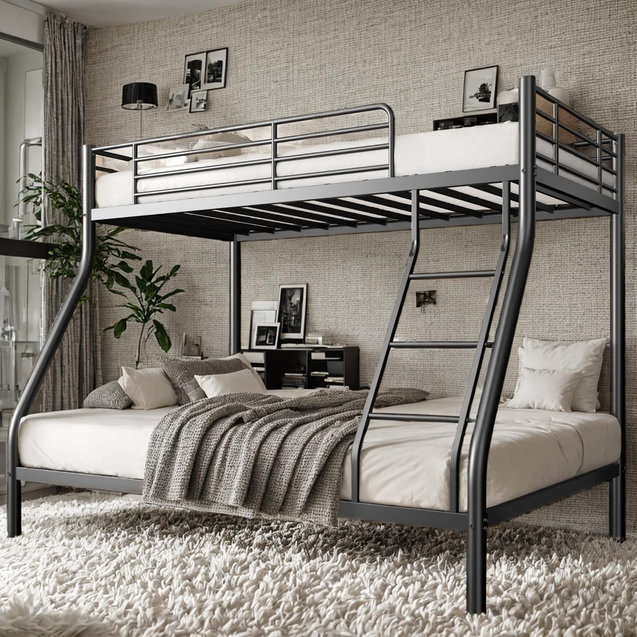 soges Metal Bunk Beds Twin Over Full Size with Ladder & Guardrail, Heavy Duty for Teens & Adults, Space Saving, No Box Spring Needed, Idea for Dorms & Small Rooms, Black