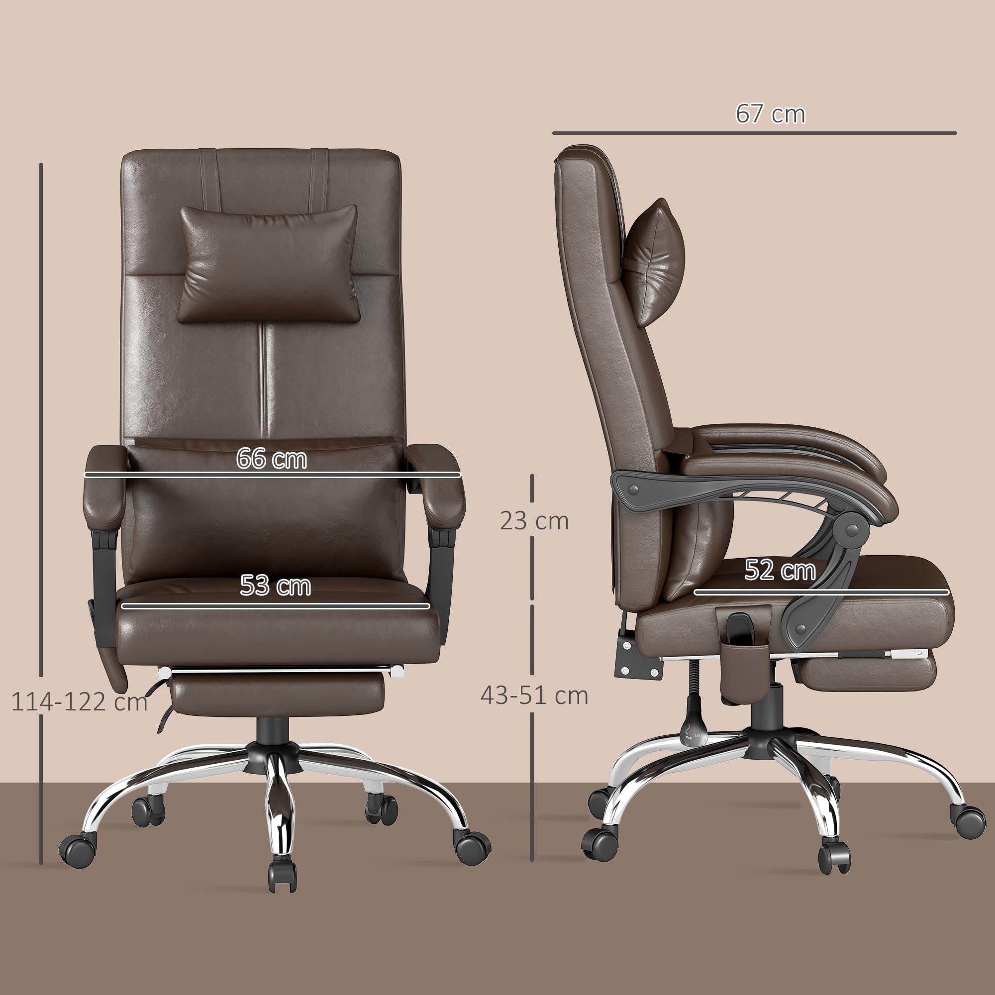 Vinsetto Sedia Massaggiante ad Altezza Regolabile con Poggiapiedi e Telecomando, Sedia da Scrivania in Finta Pelle, 66x67x114-122 cm, Marrone Scuro