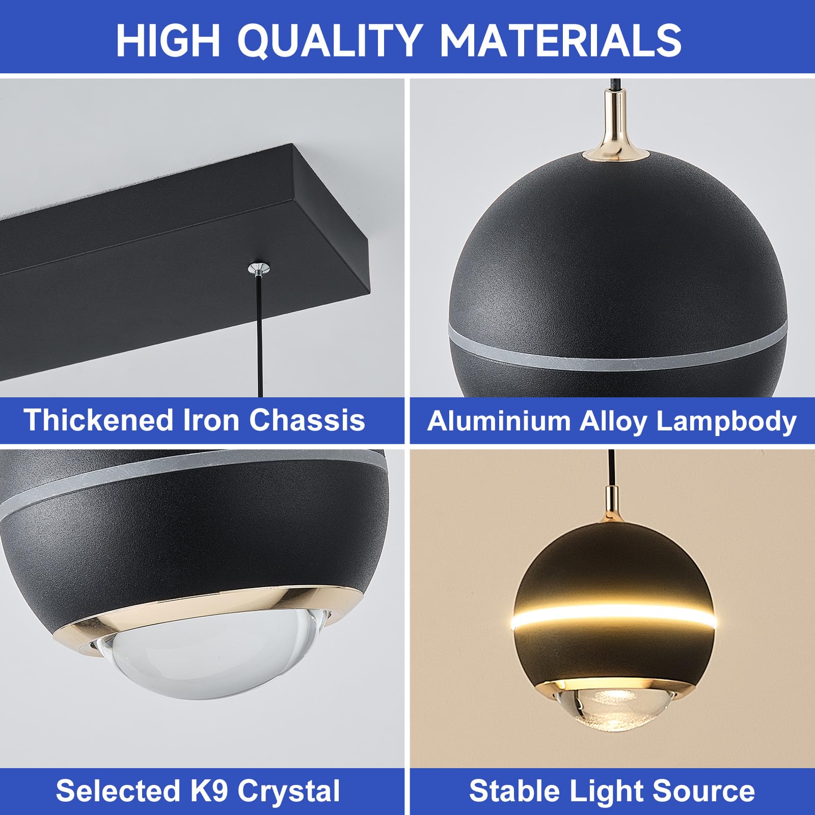 ORANOOR Nowoczesne lampy wiszące LED, ściemniane, 91 cm, kryształowy globus, oświetlenie żyrandolowe, czarno-złoty, do jadalni, wiszące oprawy oświetleniowe, wyspa kuchenna, liniowa lampa wisząca na