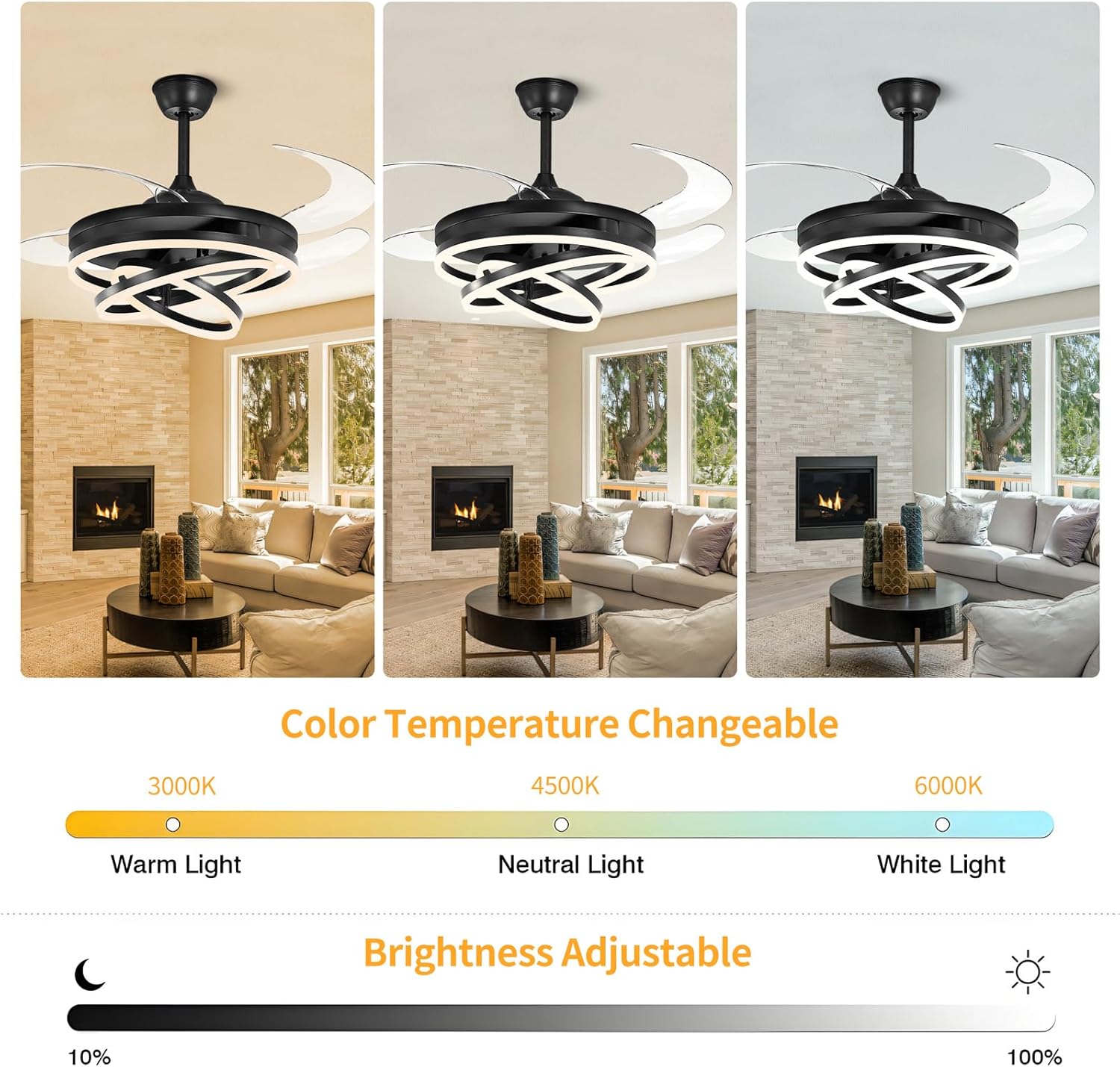 Retractable Ceiling Fan, 42 Inch Chandelier Ceiling Fans with Light, Modern Fandelier Ceiling Fan for Bedroom Living Room Dinning Room, Reverse Motor, 3 Color Temperature, 6 Wind Speed-Black