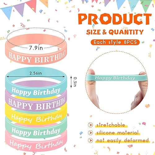 Miniatura 9 de BBTO 48 pulseras de goma de cumpleaños, pulseras elásticas de silicona, pulseras de silicona de colores para suministros de fiesta de cumpleaños