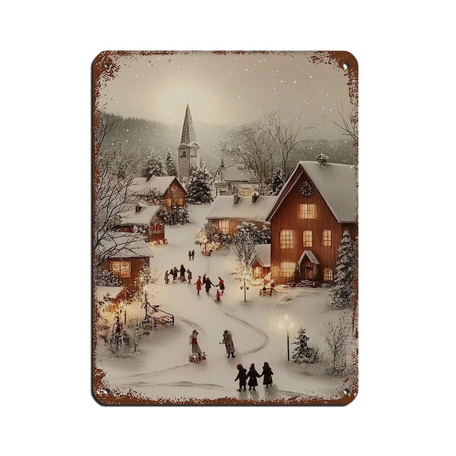 Snowy Christmas Art, Vintage Town City Village Retro Poster Metal Tin Sign Chic Art Retro Iron Painting Bar People Cave Cafe Family Garage Poster Wall Decoration 12x16inch(30x40cm)