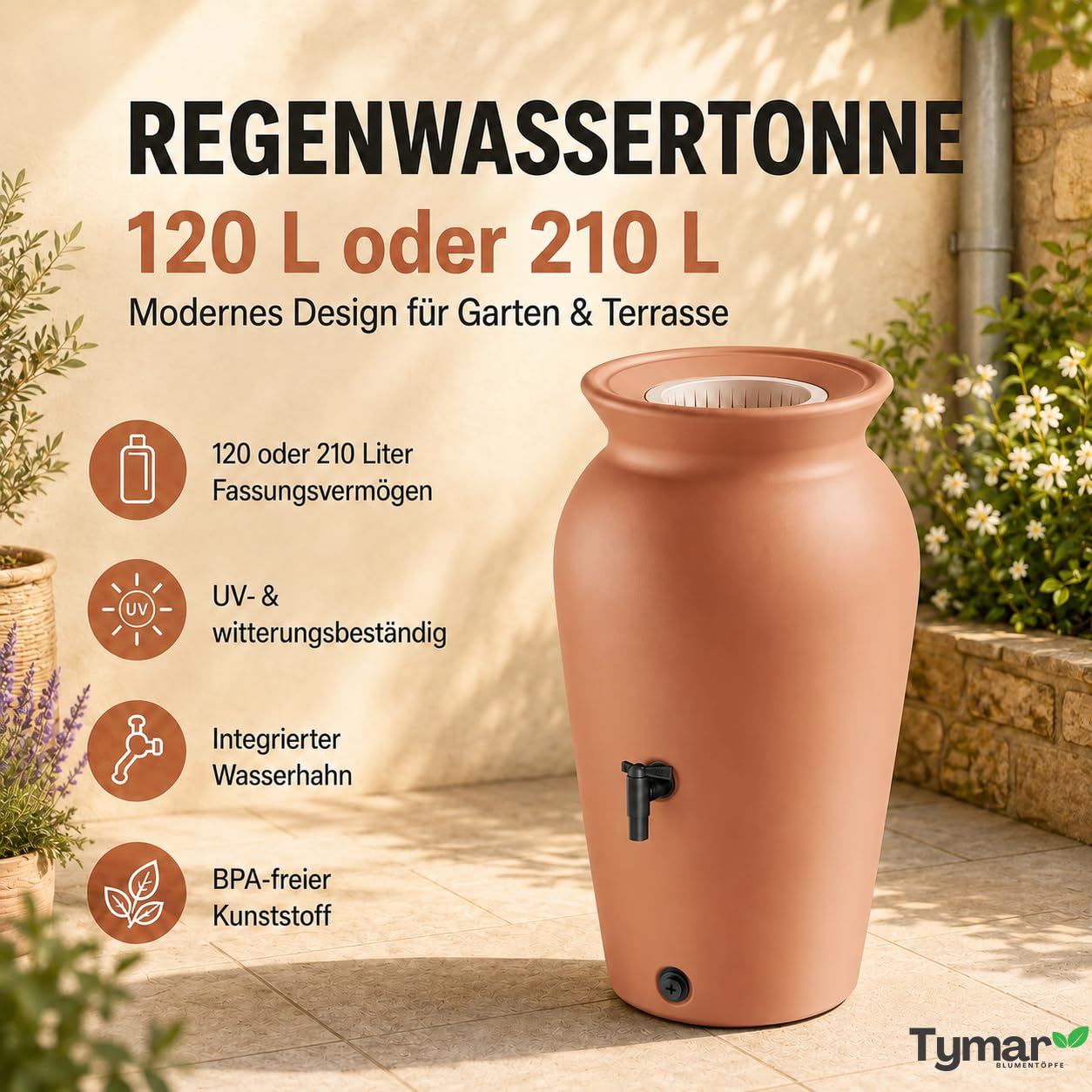 Beczka na deszczówkę wąska, 230 l, pojemnik na wodę do ogrodu, z kranem | beczka na wodę, wąska, płaska, cysterna, szara, taras i balkon, zbiornik na wodę deszczową, zbiornik na deszczówkę
