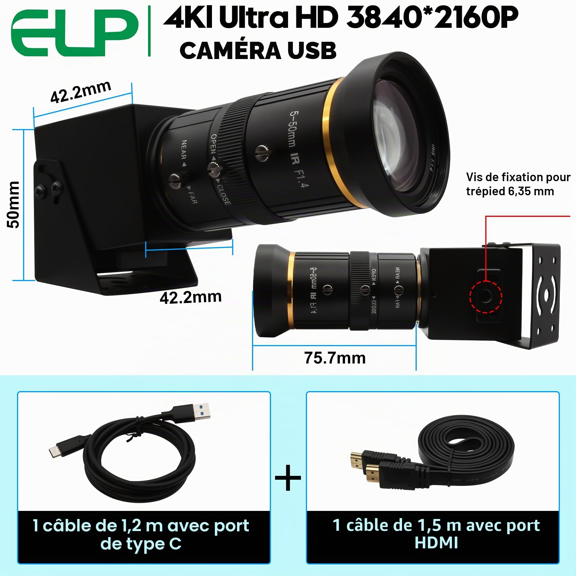 ELP Caméra USB 4K 60fps HDMI Zoom Manuel 5-50 mm 10X Webcam PC Ordinateur H.264 Industrie Sécurité