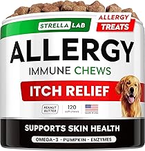 StrellaLab Dog Allergy Relief & Anti Itch Support Chews w/Omega 3: Real Ingredients, Real Taste! Skin & Coat Immune Supplement w/Fish Oil, Pumpkin & Enzymes — Developed by Experts - Made in USA -120Ct