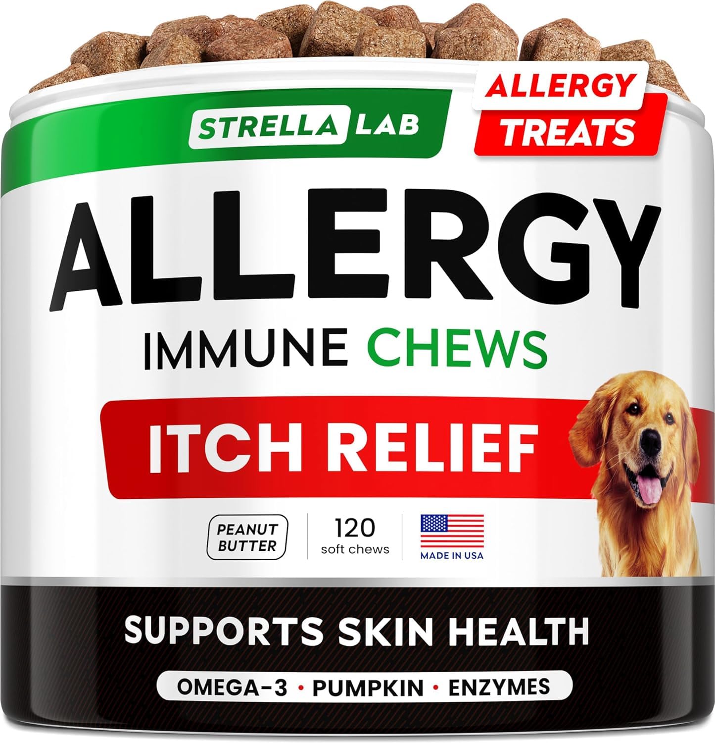 STRELLALAB Dog Allergy Relief & Anti Itch Support Chews W/Omega 3: Real Ingredients, Real Taste! Immune Supplement for Skin & Coat with Fish Oil, Pumpkin & Fish Oil