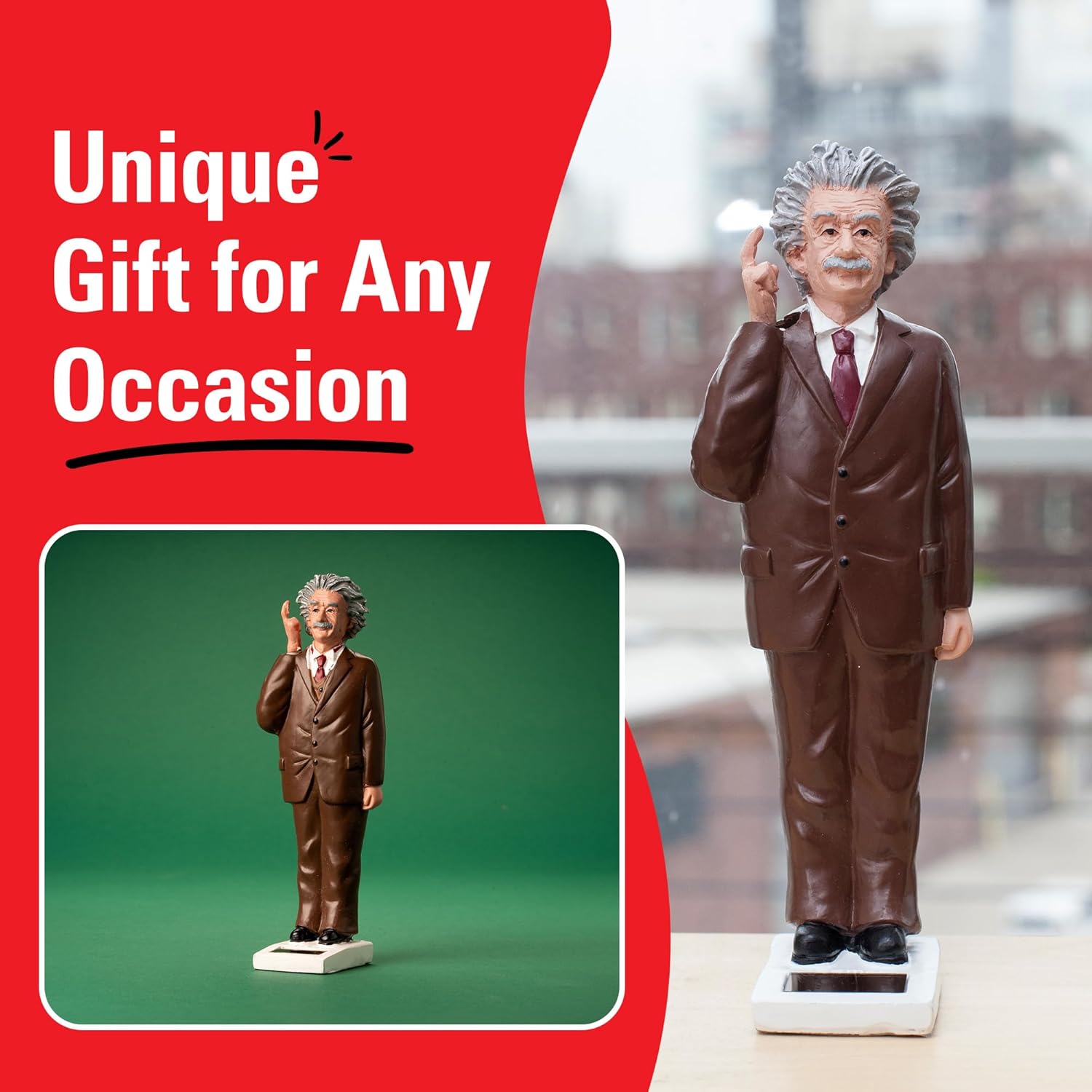 Kikkerland Solar Powered Albert Einstein Figurine: Fun Decor for Home & Kitchen, Office Desk, Garden, Car – Great Novelty Toy Statue, Display Shelf Collectible, Holiday & Birthday Gift