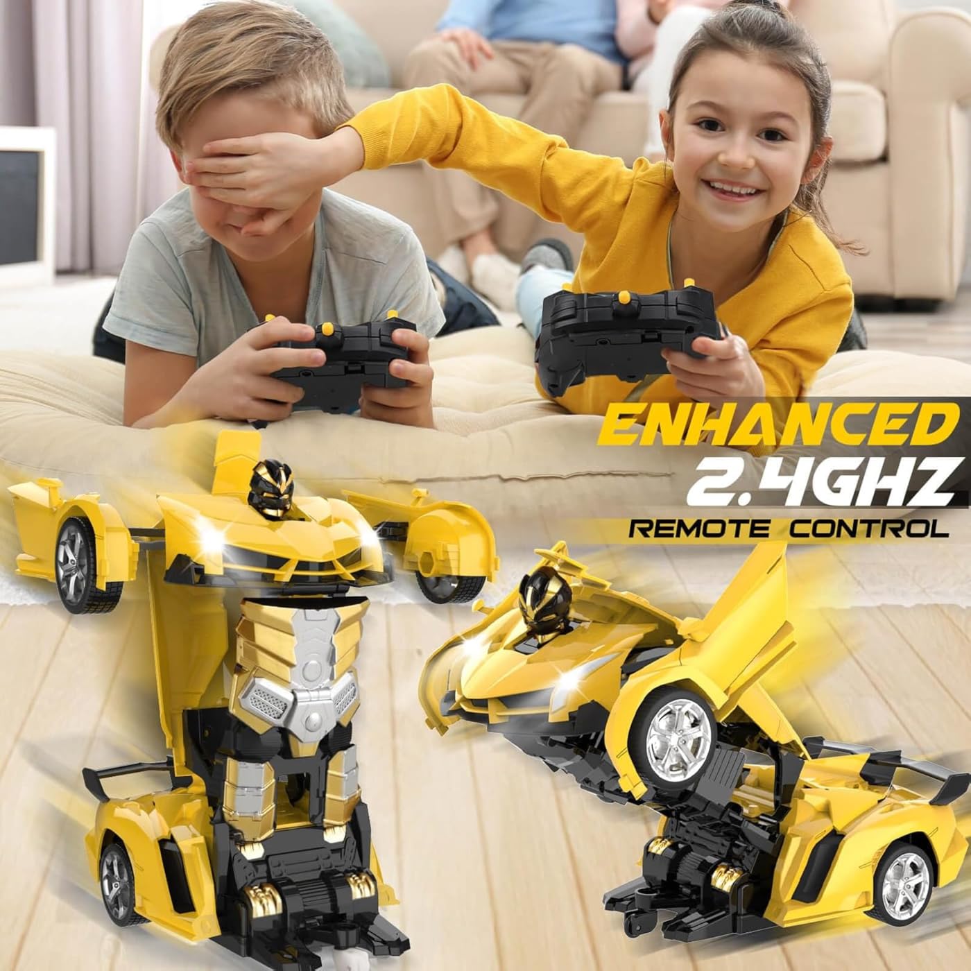 KRIMION®Remote Control Car,Auto Demo, 360° Rotating RC Deformation Robot Car Toy with LED Light, Transfrm Robot RC Car Age 3 4 5 6 7 8-12 Kids, Boys Girls Assorted.Colour (Blue or Yellow) 2
