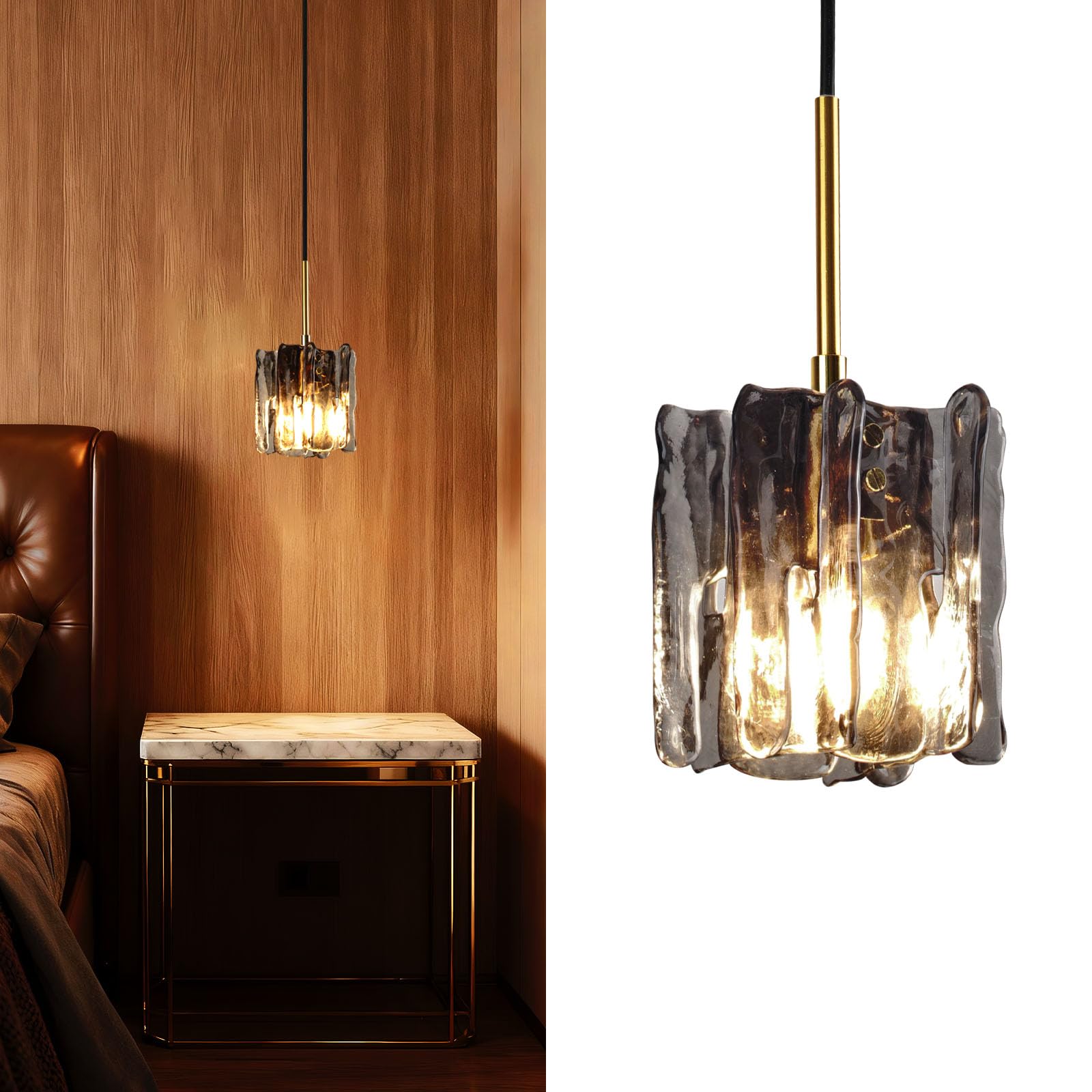 Modern Vintage Mid-Century Single Pendant Light, Mini Hanging Smoked Ice-Textured Glass Ceiling Light Fixture for Kitchen Island Lighting Over Dining Room, Bedroom, Bar Lamp