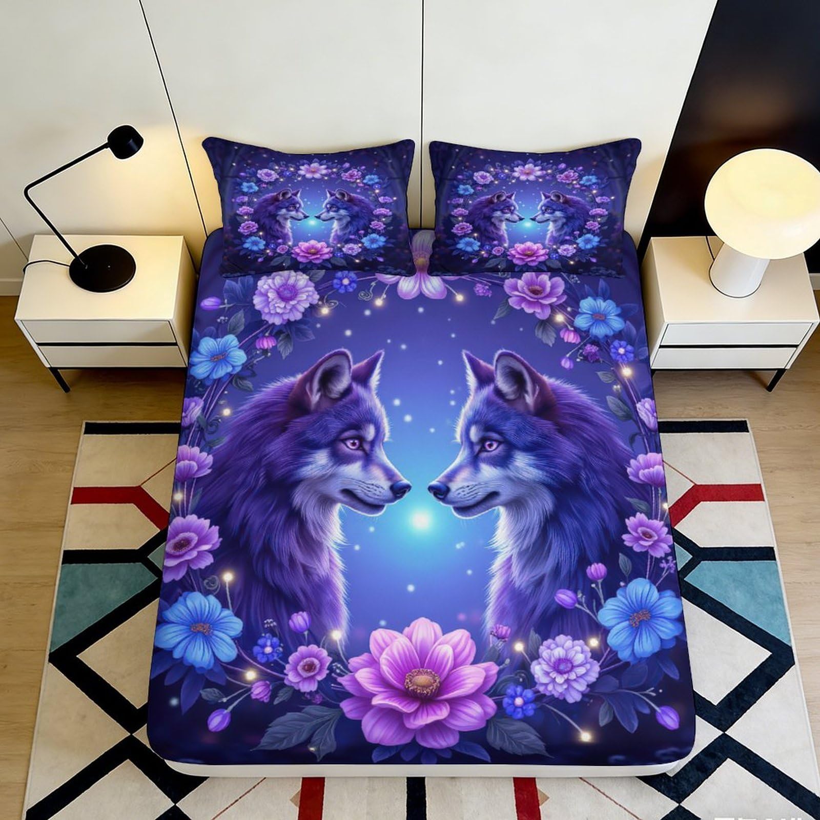 3D Printed Dream Wolf Flower Fitted Sheet Microfiber Deep Pocket Bedding, Non-Slip Fantasy Wolf Flower Mattress Fitted Cover Washable 90x200x25cm