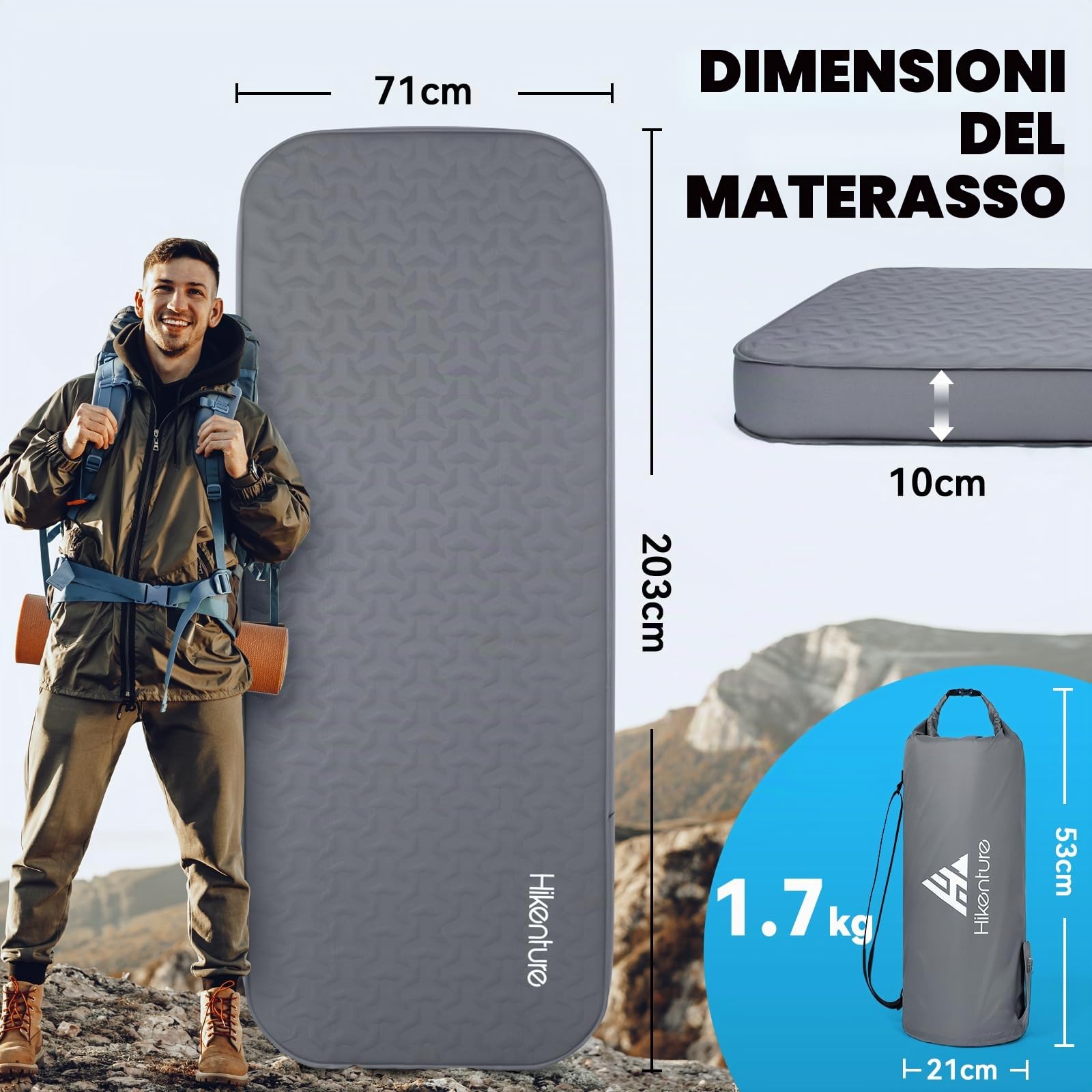 HIKENTURE Materassino autogonfiabile con pompa elettrica, 10 cm, gommapiuma, valore 9,5 R, per esterni, tenda, escursionismo