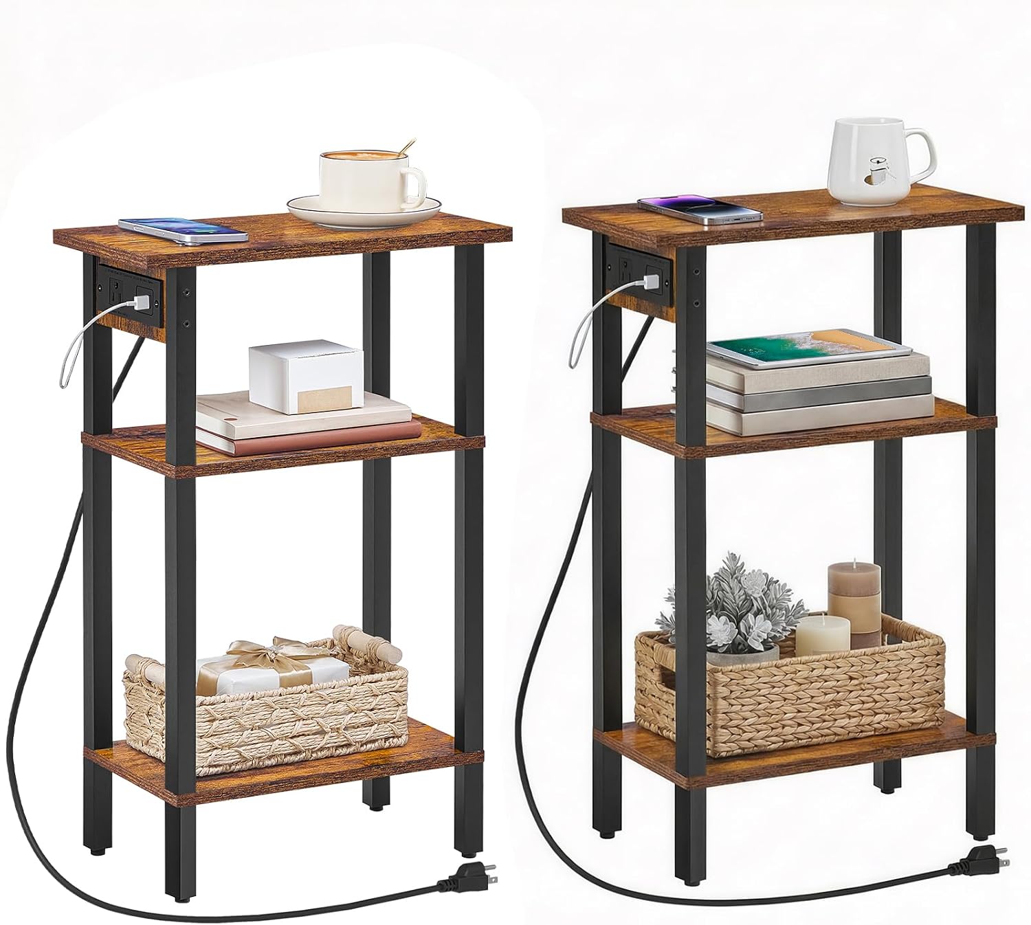 HOOBRO Narrow Side Table, Set of 2, 3-Tier Slim End Table with Charging Station, Skinny Nightstand with Open Storage, for Small Spaces, Living Room, Bedroom, Study, Rustic Brown and Black BF340UBZP201