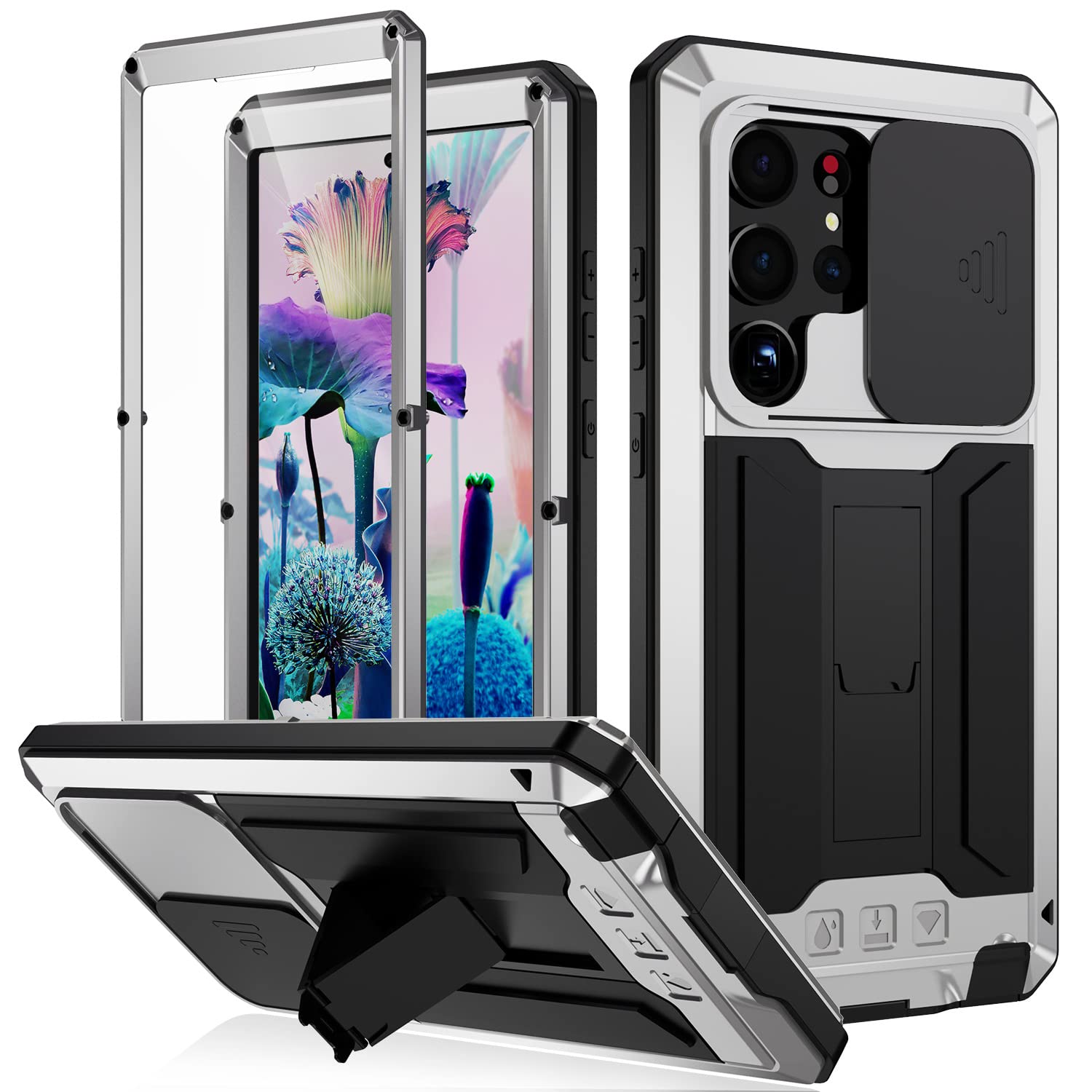 Wojskowe metalowe etui do Samsung Galaxy S25 Ultra/S25 Plus/S25, wytrzymała podpórka osłona ekranu przesuwna powłoka obiektywu odporna na zarysowania, srebrna, S25