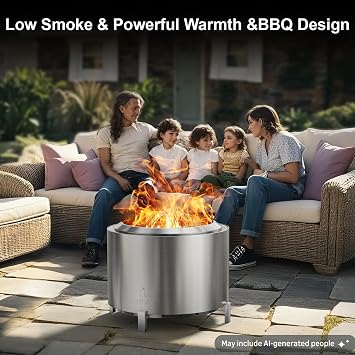 OutVue 27 inch Stainless Steel Smokeless Fire Pit, Outdoor Smokeless Firepit, Wood Burning Fire Pits for Camping, Bonfire, Low Smoke Firepit for Outside (Vertical Hole)