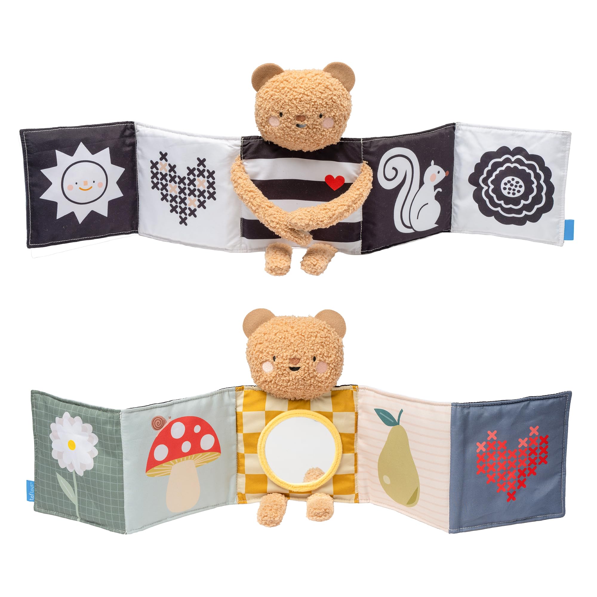 Taf Toys Snuggle Bear Book. Black & White Sensory Newborn Book, High Contrast Side for Infant Brain Development, Vibrant Colours & Baby Mirror, Plush Bear for Tummy Time Baby Books 0-6 Months