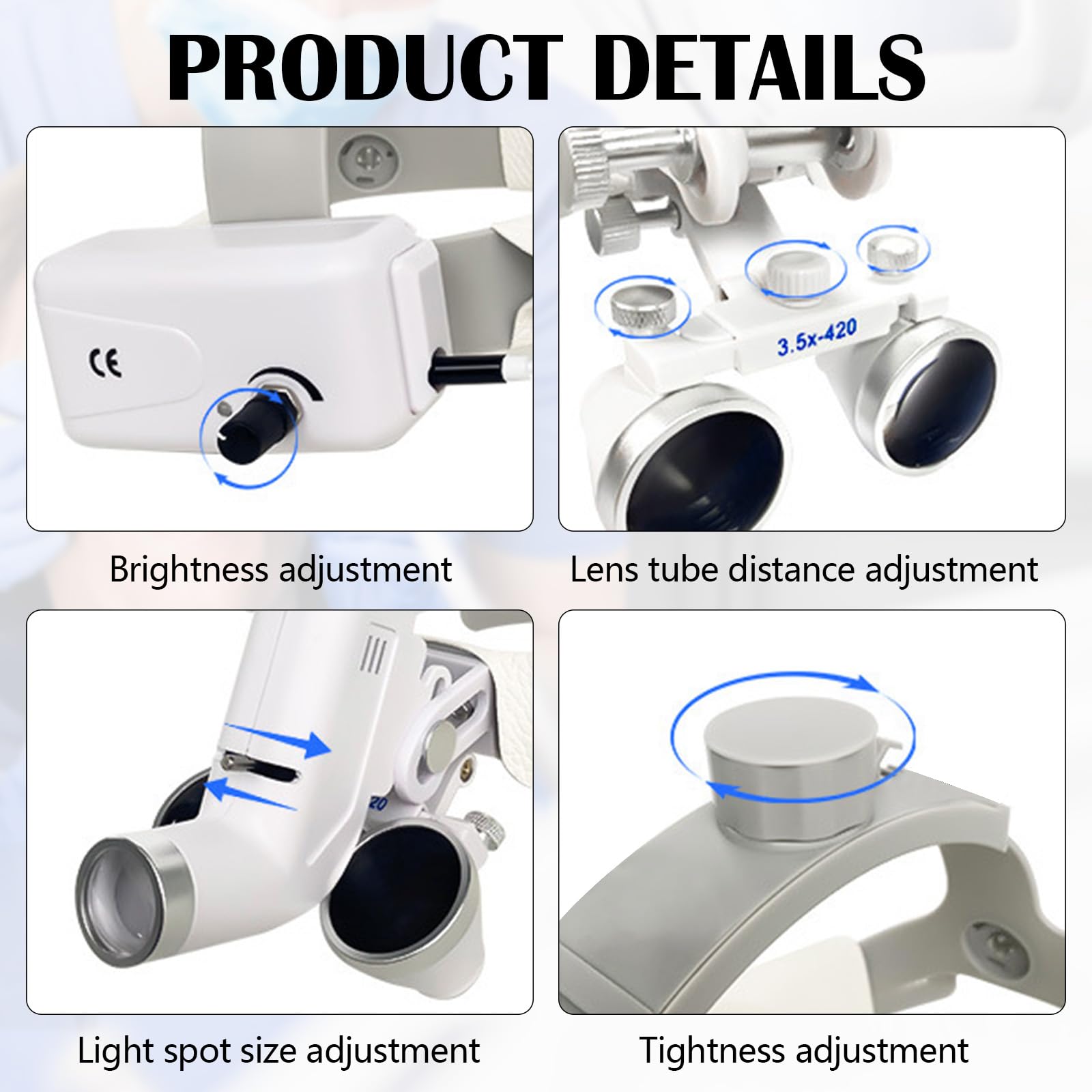 Lupas Quirúrgicas Dentales Médicas 3.5X 420mm con Lámpara LED 5W Ajustable