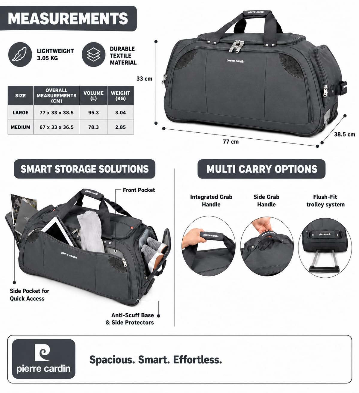 Bolsa de Lona con Ruedas Grande y Ligera Pierre Cardin, con Ruedas Estilo Scooter probadas a presión, opción de Carrito de Arrastre, Bolsa Deportiva de Viaje CL769 (Large 30", Gris)