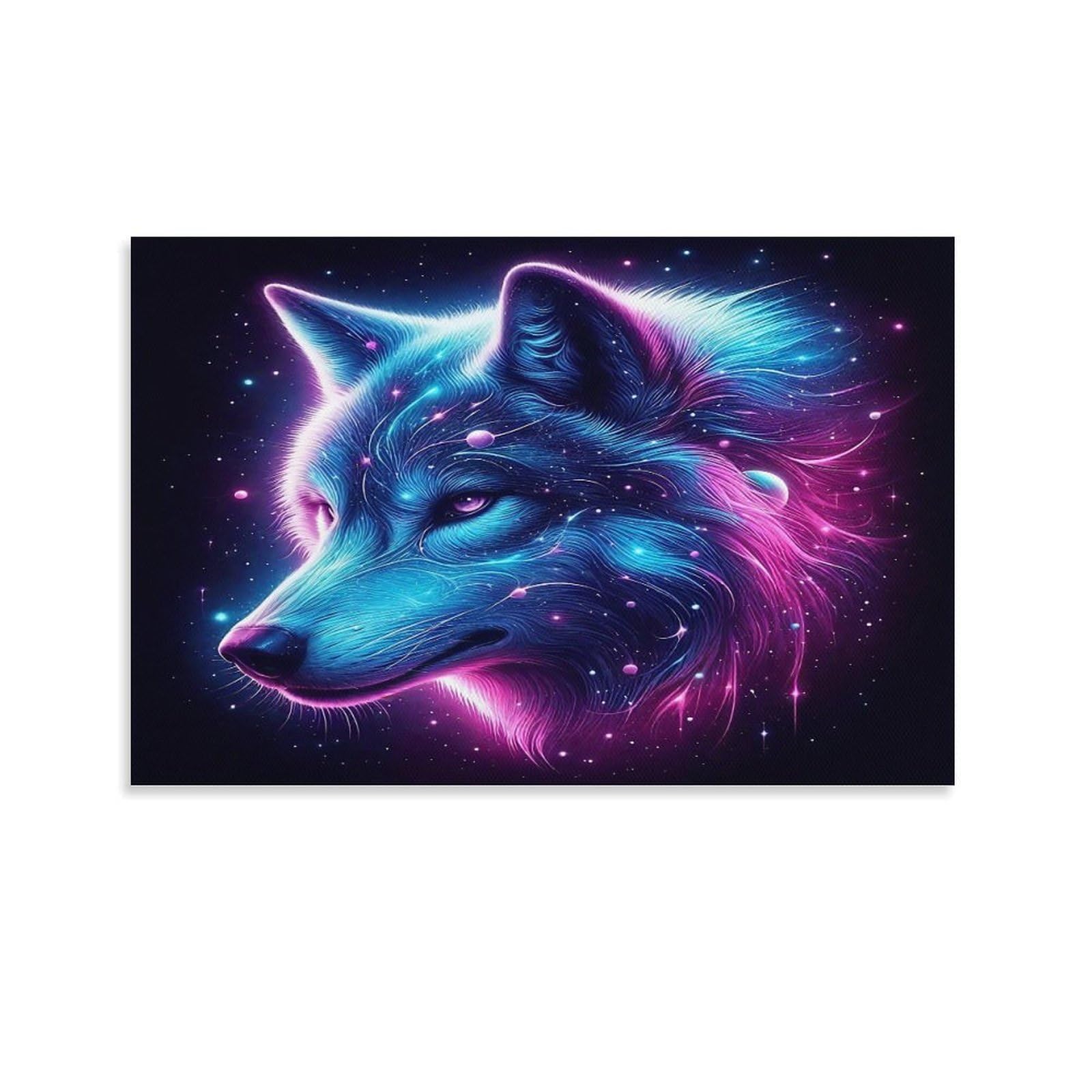 CPLVKWRQJ Snowy Wolves Family in Forest Single Neon Cosmic Wolf Head Dark Starry Space X Canvas Wall Art - Gift for Her/Him Living Room Focal Point Ready to Hang Decor 12x18inch(30x45cm)