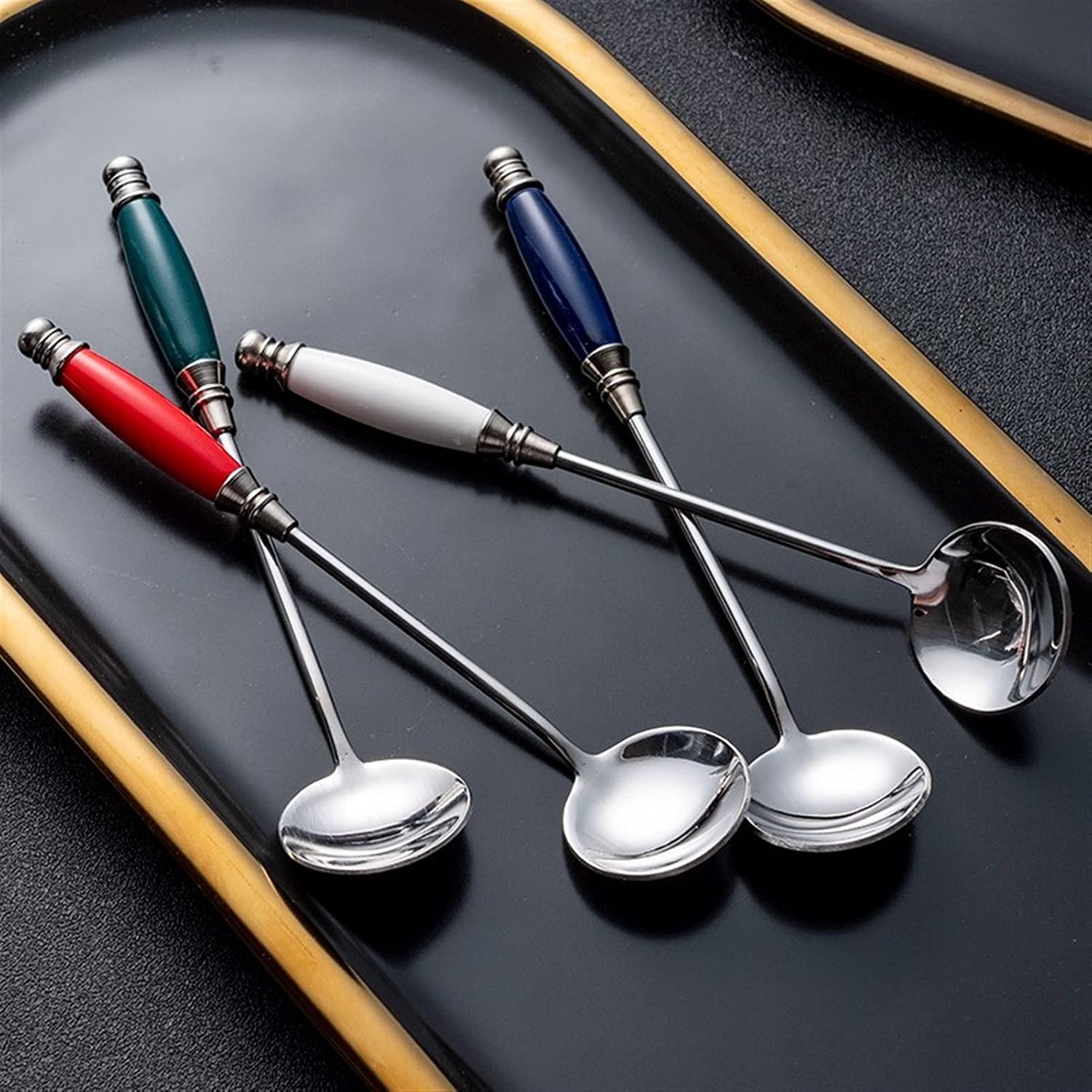 Tablespoons Stainless Steel Dessert Spoon with Ceramic Handle Creative Ice Cream Dessert Spoon Kitchen Tableware - Dessert Spoons for Home Party Serving Spoon (Color : B)