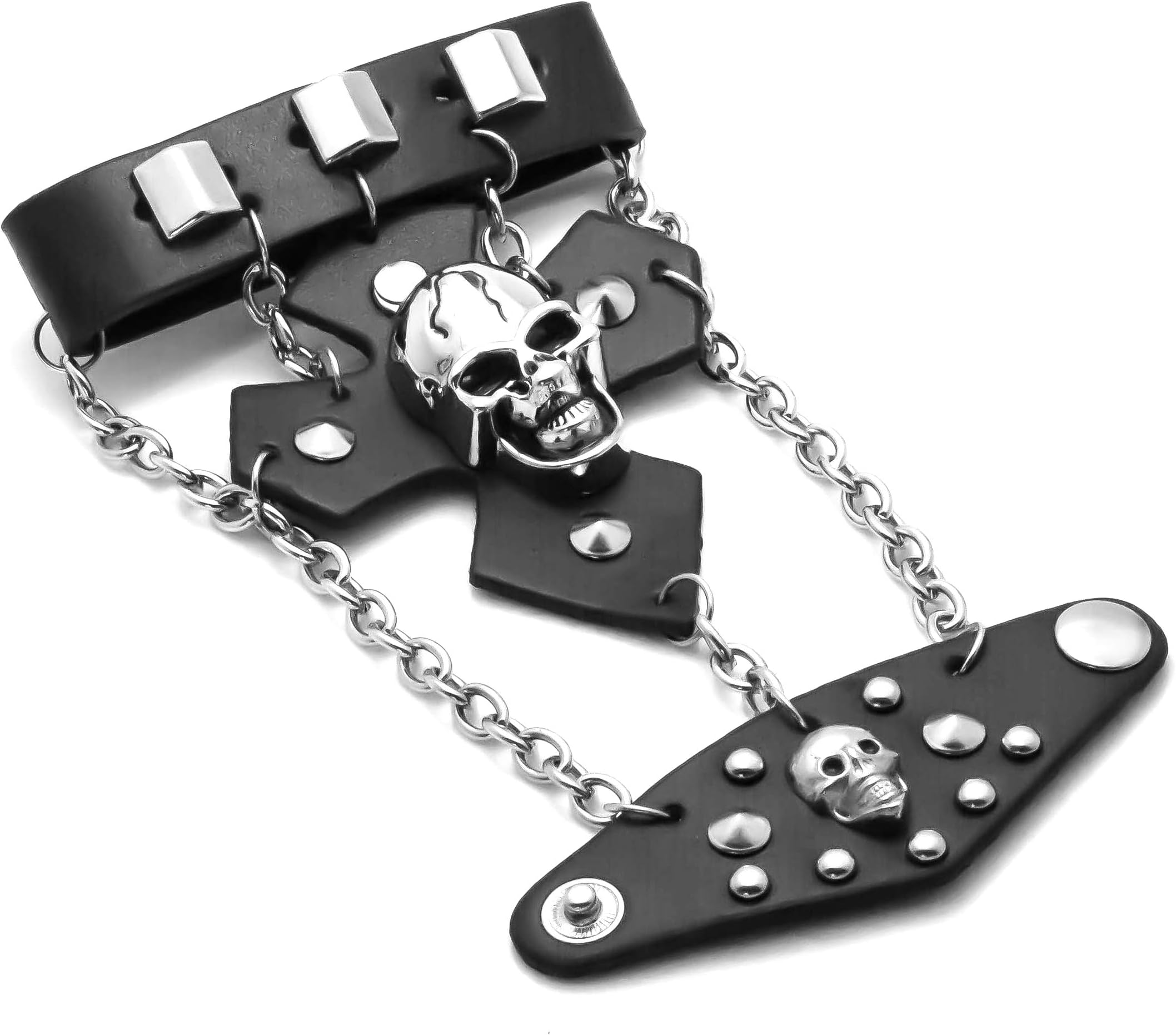 Xusamss Hip Hop Alloy Rivet Skull Chain Leather Bracelet Glove Ring,7.5inches