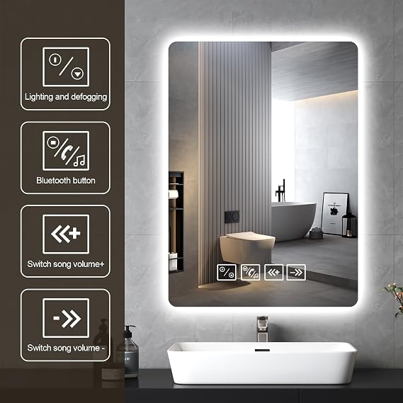 50×70cm Bluetooth Bathroom Mirror with Led Lights and Dual Touch Switch, Wall Mounted Vanity, Anti-fog, 3 Colors Dimmable Light, Rectangle Demister Mirror with Backlit Lights for Bathroom