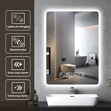 50×70cm Bluetooth Bathroom Mirror with Led Lights and Dual Touch Switch, Wall Mounted Vanity, Anti-fog, 3 Colors Dimmable Light, Rectangle Demister Mirror with Backlit Lights for Bathroom