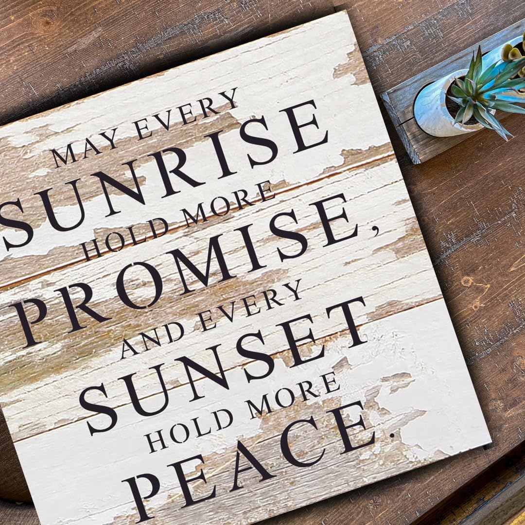 Vintage Farmhouse Reclaimed Wood Sign by Second Hand By Nature - 28 x 28 Handmade Rustic Home Decor for Living Room, Bedroom, Fireplace - Country Family Wall Art (May Every Sunrise Hold More Promise)