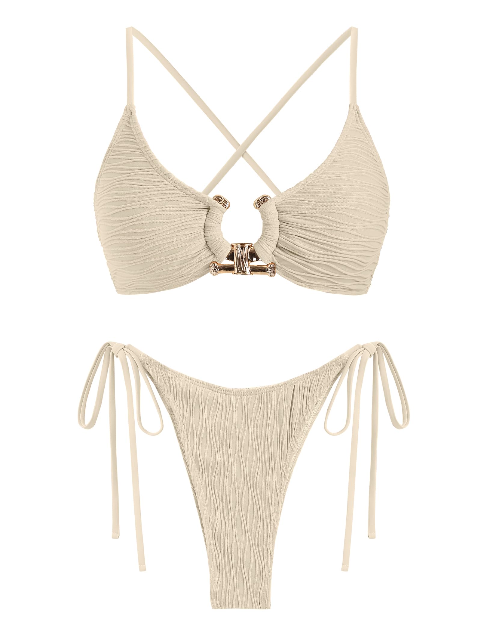 ZAFULWomen's Bikini Sets Ribbed Metal O Ring Criss Cross Two Piece Swimsuit Cheeky High Cut Side Tie Thong Bathing Suit