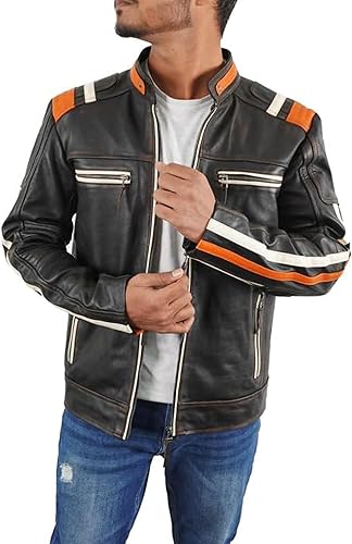 Miniatura 10 de NM-Fashions Cafe Racer Retro Biker Vintage - Chaqueta de cuero negro envejecido para hombre