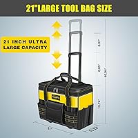 Vista 2 de 21" Rolling Tool Bag with Wheels,Waterproof Rolling Tool Tote Bag with Telescoping Handle,18 Pockets Multi-use Tool Bags Organizer for Construction