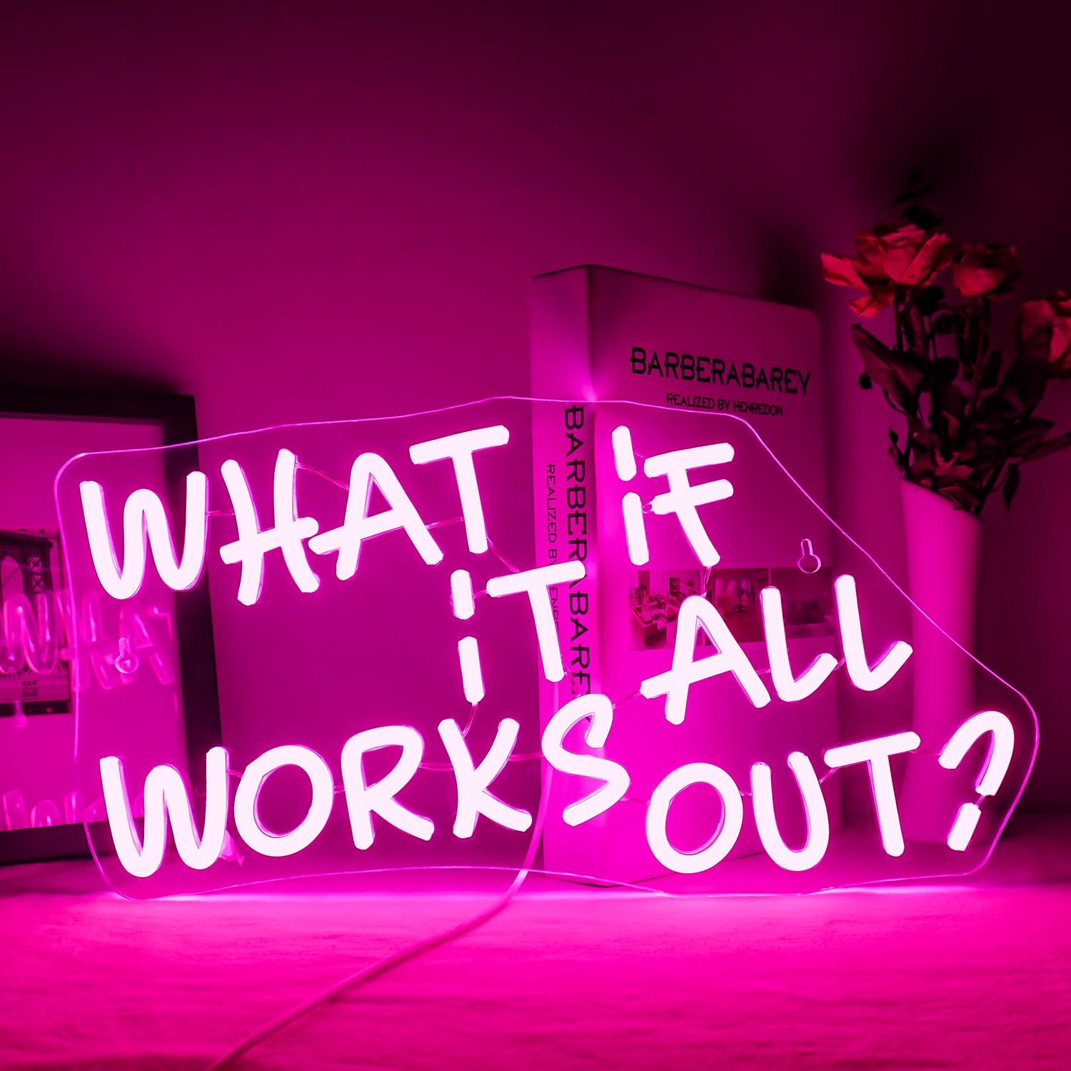 ineonlife 'What if it All Works Out' neonowy znak do dekoracji ścian, ściemniane, neonowe znaki świetlne LED, 5 V/2 A, zasilany przez USB, różowy znak świetlny, do salonu, biura, na imprezę, do