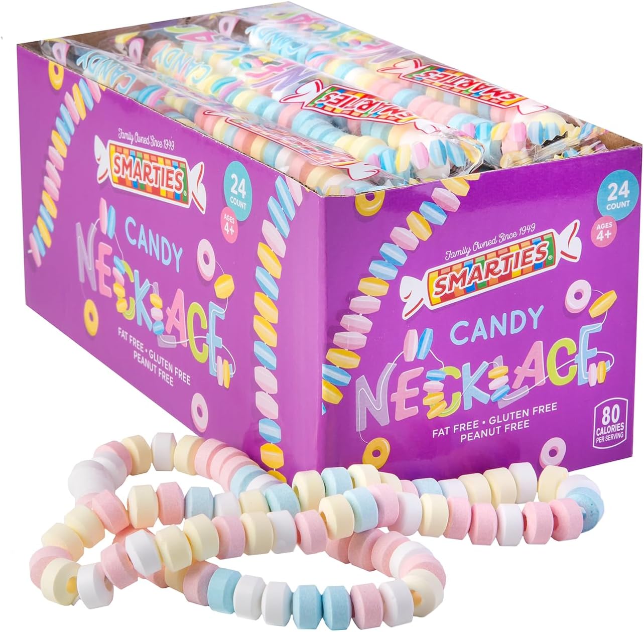 Smarties Candy Necklace - Bulk Candy Individually Wrapped - Gluten Free & Vegan, Fruit Flavored, Hard Candy on Stretch String - Perfect Party Favors, Birthdays & Halloween Hard Candy Box - 24 Count