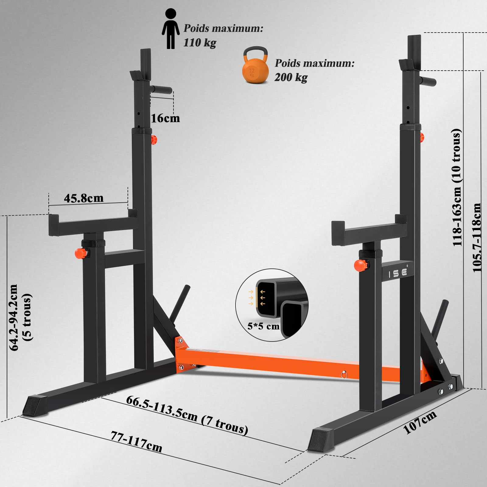 ISE Support Barre de Musculation Multifonction, Rack Squat avec Barres pour Haltères, Cage de Musculation en Acier, Rack Musculation Hauteur et Largeur Réglable, Cage Squat, Home Gym Noir et Rouge