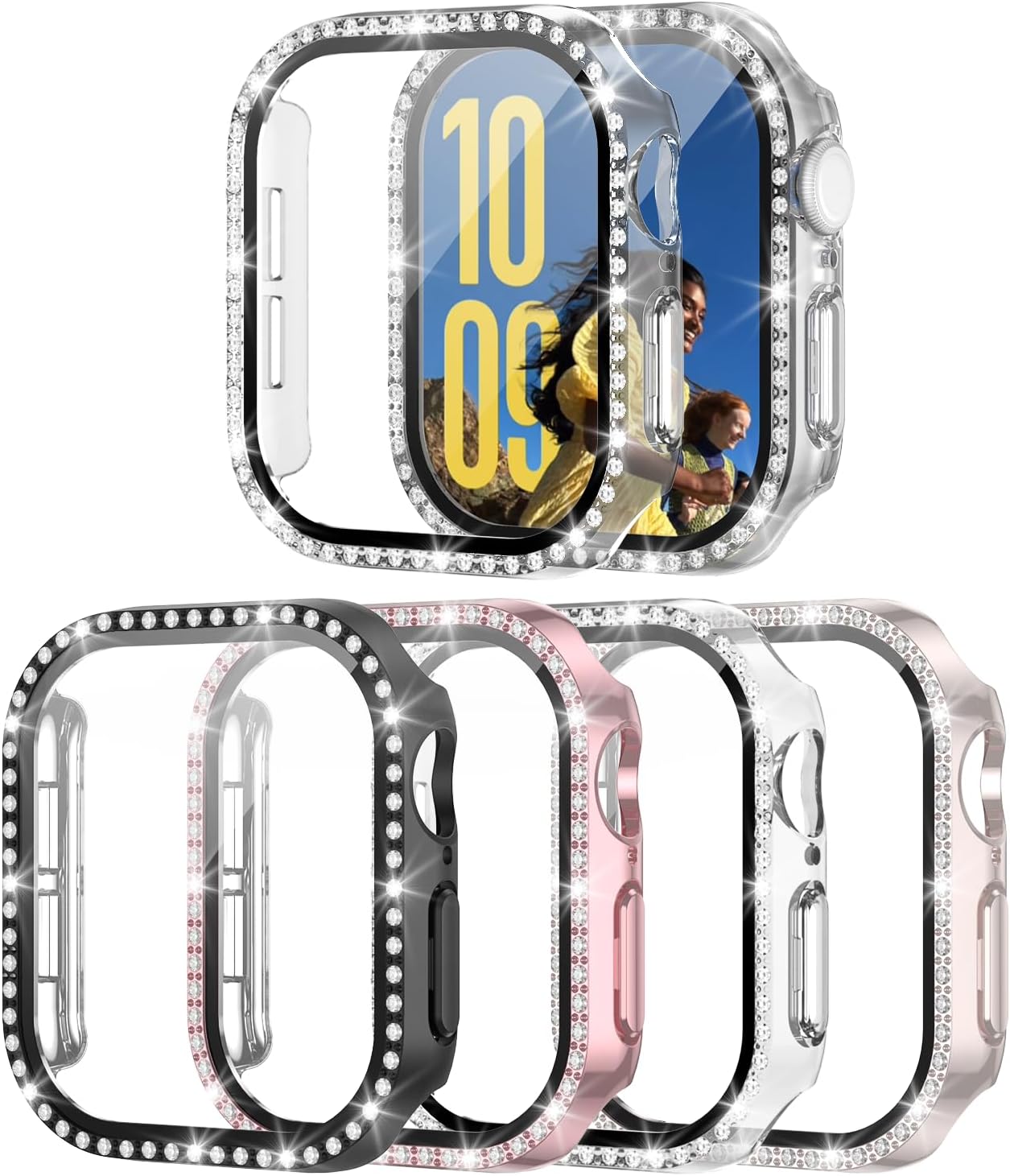 4 Pack Bling Case for Apple Watch Series 11 (2025) Series 10 46mm, Glitter Rhinestone Diamonds Protective Case with Tempered Glass Screen Protector Cover for iWatch Series 11/10 46mm for Women Black/Clear/Pink/Starlight for Series 11/10 46mm