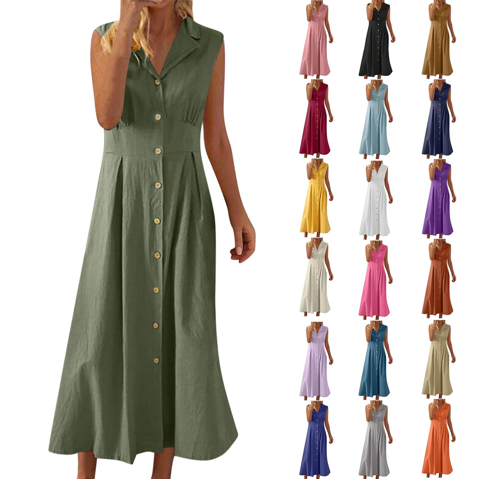 Cotton Linen Dresses for Women 2025 Summer Maxi Sleeveless Dress Button Down Work Dresses Lapel V Neck Lightweight Frocks