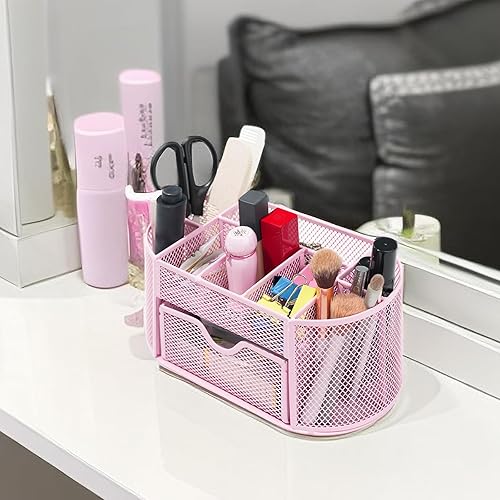 Miniatura 5 de Organizador de escritorio con soporte para lápices y accesorios que ofrece 8 compartimentos y 1 cajón para el hogar, la escuela y la oficina (rosa