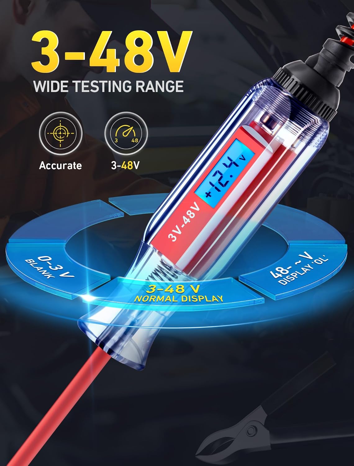 Diagram showing the 3-48V wide testing range of the JASTIND A9290 circuit tester.