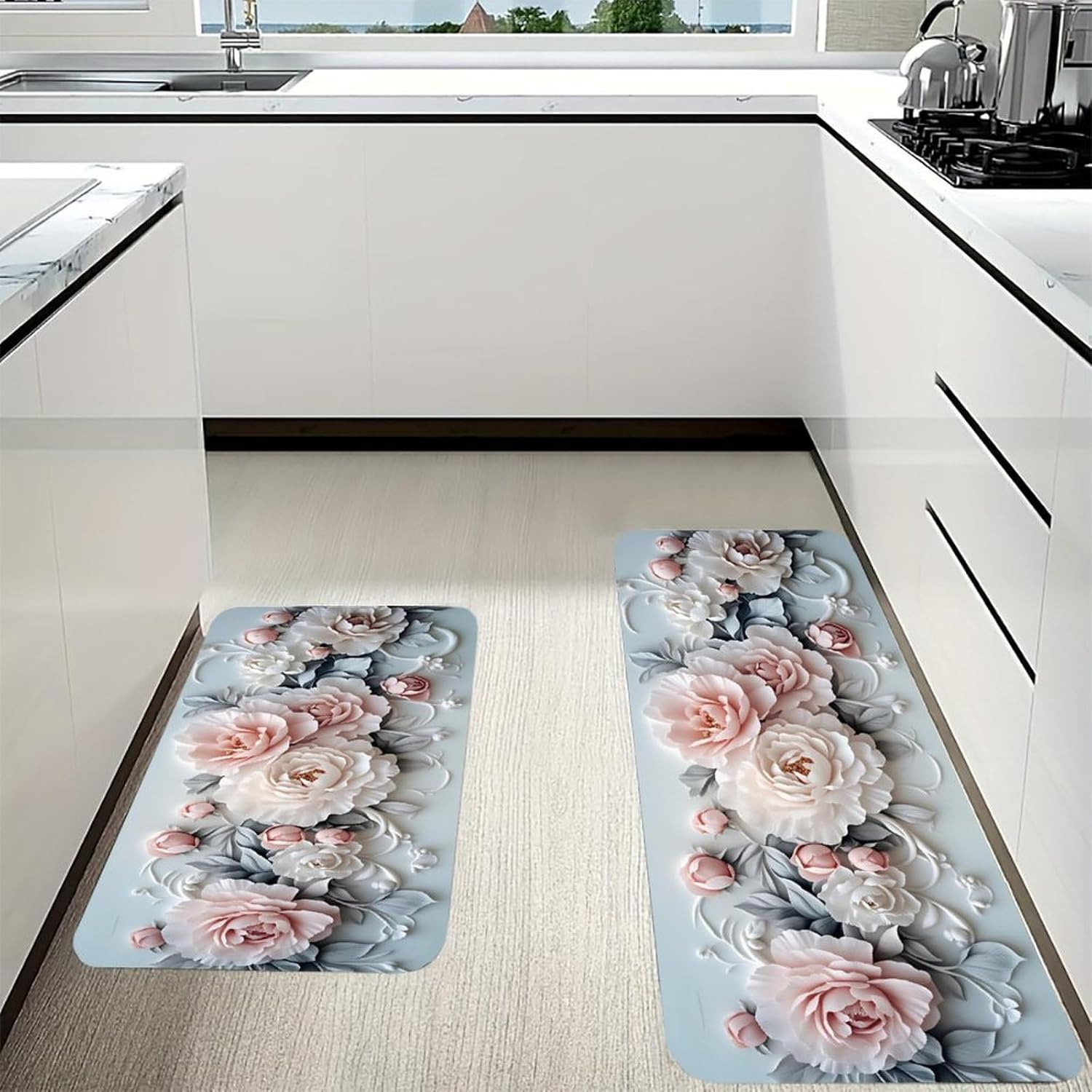 Pink Peonies Anti Fatigue Kitchen Mats 2 Piece Set, 17x47 + 16x24 Inch Cushioned Non-Slip Waterproof Washable Floor & Standing Desk Mat for Kitchen, Laundry, Office