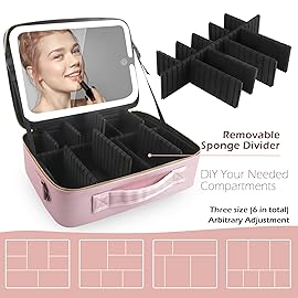 MOMIRA Large Makeup Train Case with Lighted and Mirror 14inch Partitionable Cosmetic Bag Travel Makeup Case Professional Cosmetic Artist Organizer, Waterproof Portable, with Shoulder Stra Pink