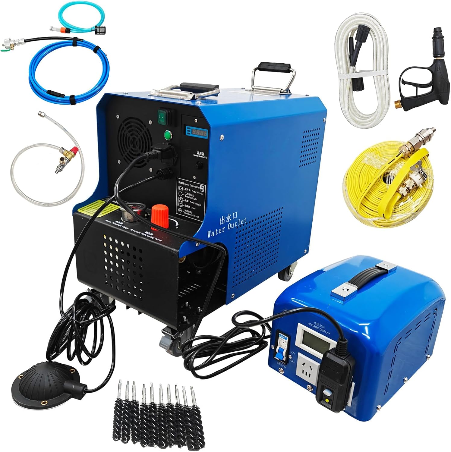 TECHTONGDA Chiller Condenser Tube Cleaning Machine with High-Pressure Water Gun & Foot Switch, Heat Exchanger Pipe Cleaner for 0.2"-0.8" Pipe Dia, 24.9ft Flexible Shaft, 65.6ft Quick Connection Hose