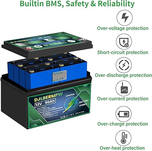 Miniatura 2 de DJLBERMPW LiFePO4 Battery 12V 50Ah Lithium Battery, Built-in 50A BMS,4000+ Lithium Deep Cycle Marine Battery 12V, Lithium Batteries 12V for