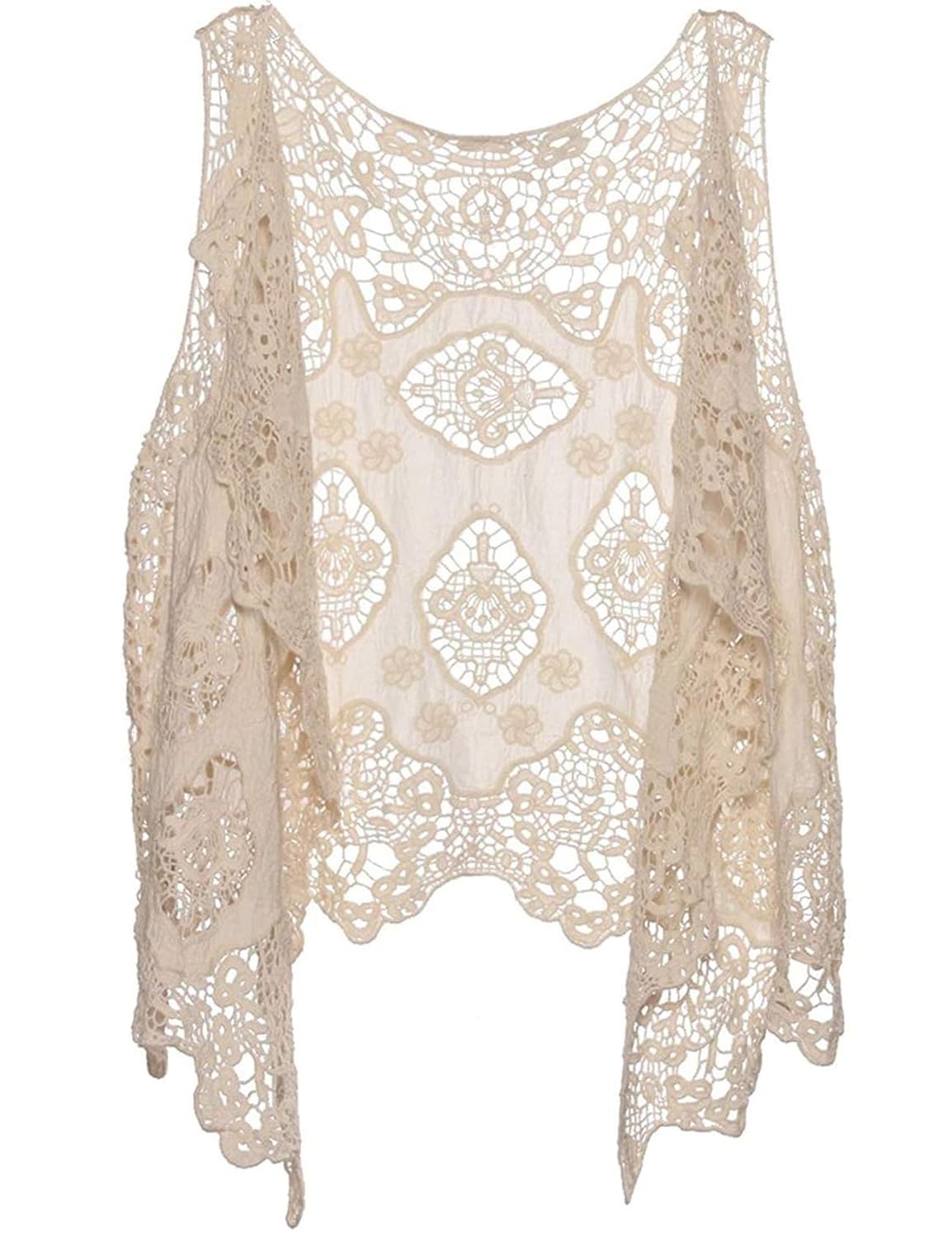 Flygo Womens Open Front Cotton Crochet Lace Boho Hippie Butterfly Vest Cardigan Coverup Sleeveless Irregular Hem