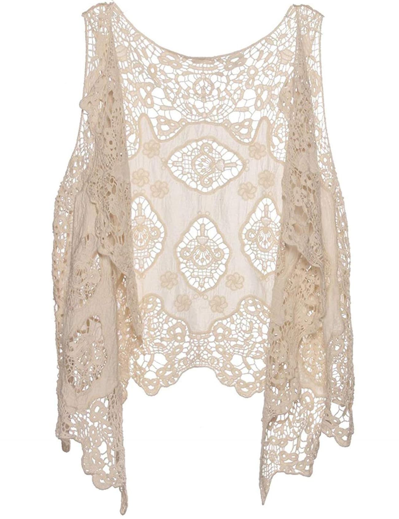 Flygo Womens Open Front Cotton Crochet Lace Boho Hippie Butterfly Vest Cardigan Coverup Sleeveless Irregular Hem
