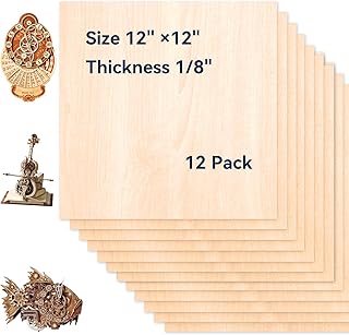 12 Pack Basswood Sheets for Crafts-12 x 12 x 1/8 Inch- 3mm Thick Plywood Sheets with Smooth Surface-Unfinished Craft Wood Boards for Engraving and Cutting, Architectural Models, Staining
