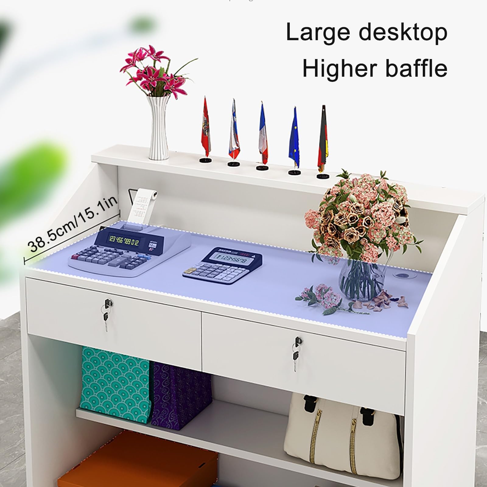 Scrivania da reception bianca con cassetto chiudibile a chiave, semplice bancone per salone, ufficio e atrio, 80 cm, in legno, design moderno per uso professionale