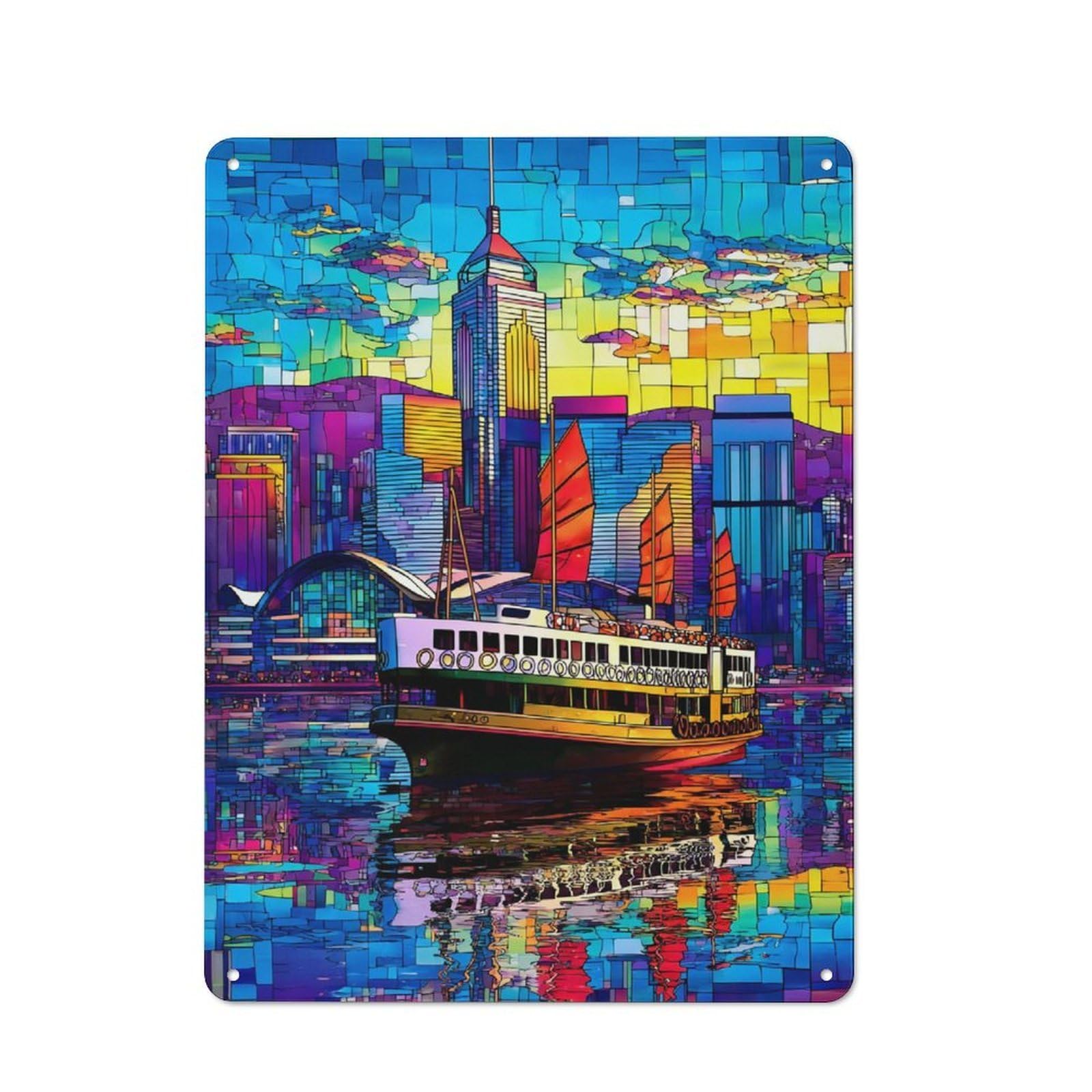 Junmoney Stained Glass Cityscape With Ferry -1 Decorative Tin Plaque 40X30cm, Vintage Bar Wall Plaque For Bar, Kitchen, Garage Or Games Room